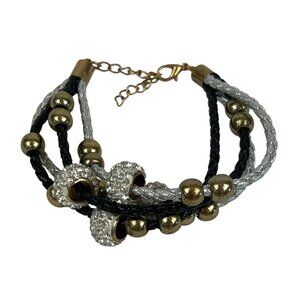 Multi-Strand Black Silver Bracelet Gold Beads Rhinestones Glam